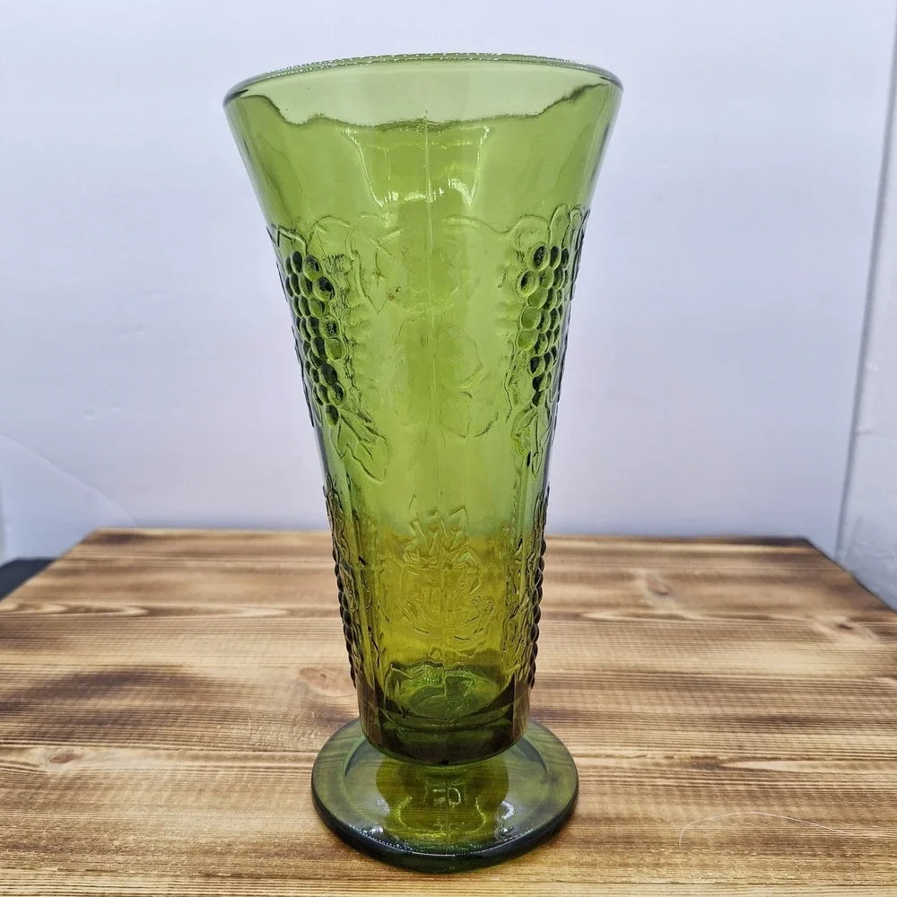 Vintage Green Indiana Glass‎ Vase with Raised Grape Pattern circa 1940s/50s